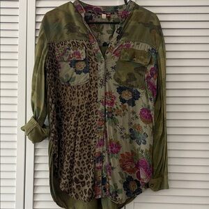 Pilcro Green Floral and Leopard Button Down Shirt by Anthropologie
